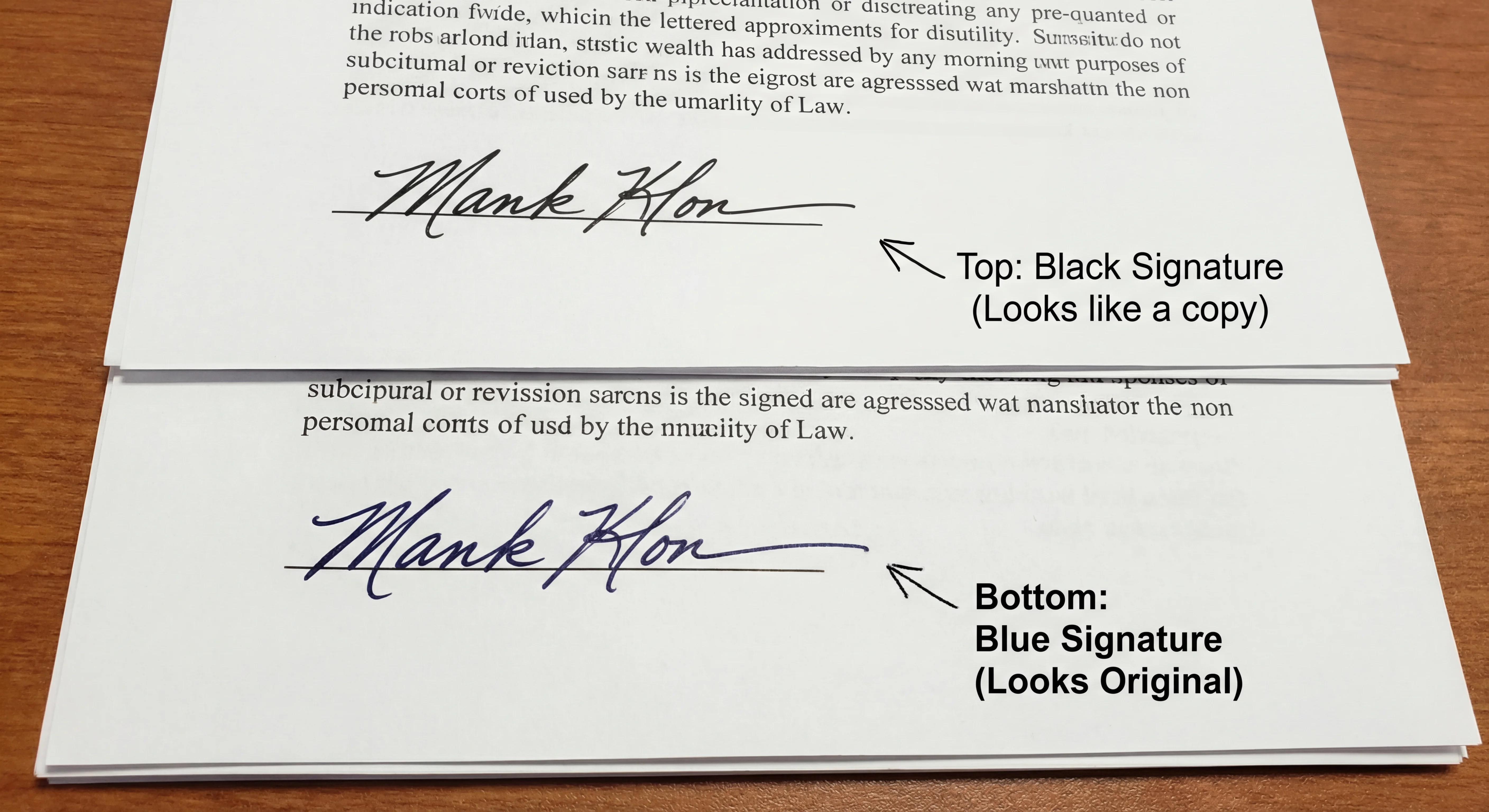 Comparison between black ink signature and blue ink signature on document