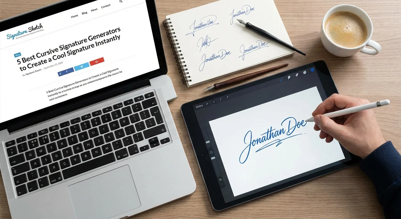 Examples of different cursive signature styles generated online, showing elegant handwriting fonts and freehand drawn signatures