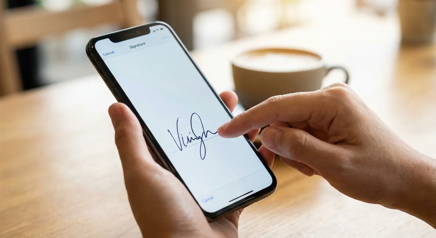 Person creating a handwritten digital signature on a smartphone screen using their finger, with a transparent PNG signature shown next to the phone