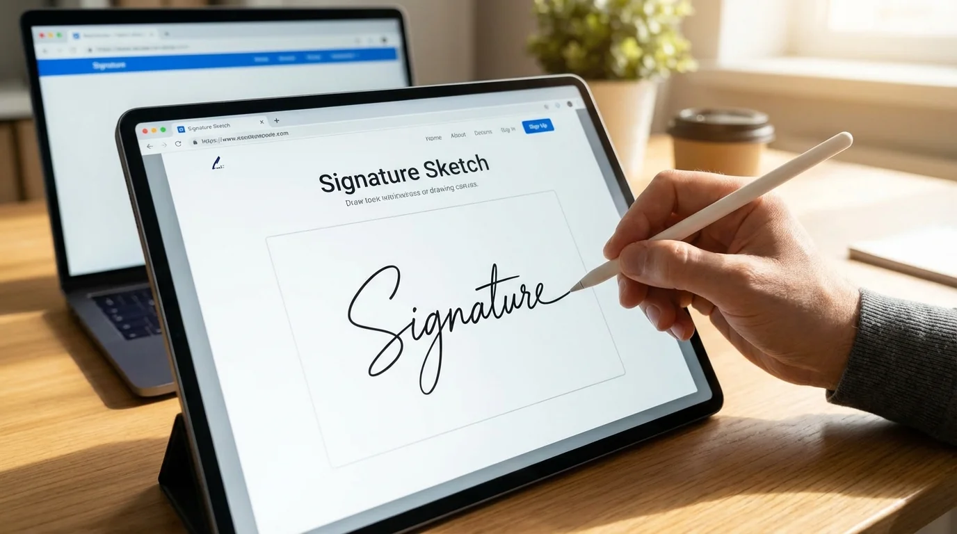 Drawing a signature online using a browser-based tool on desktop and mobile devices, showing the draw mode canvas with ink color options