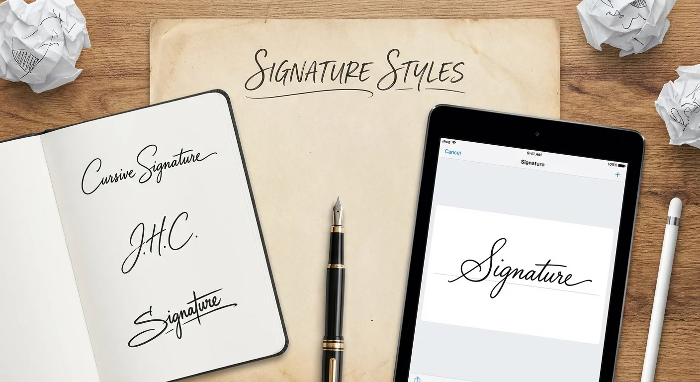 Seven different signature styles for the same name showing cursive, initials, minimalist, and artistic variations